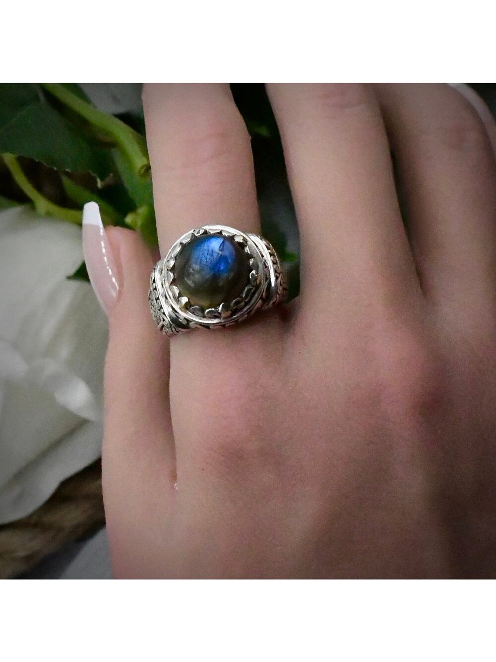 Robert Manse Bali Designs Sterling Silver 18K Gold Labradorite Ring 925 Size 8